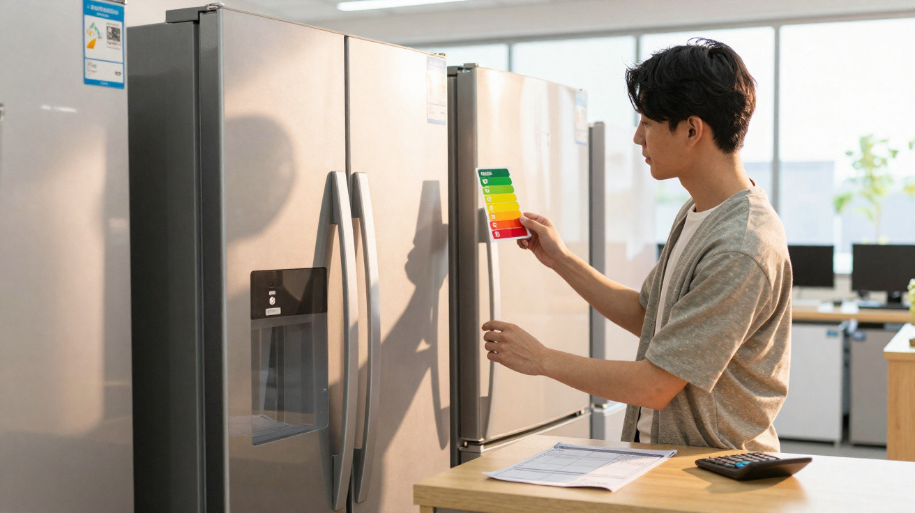Man inspecting energy efficiency label on refrigerator in a bright appliance store.