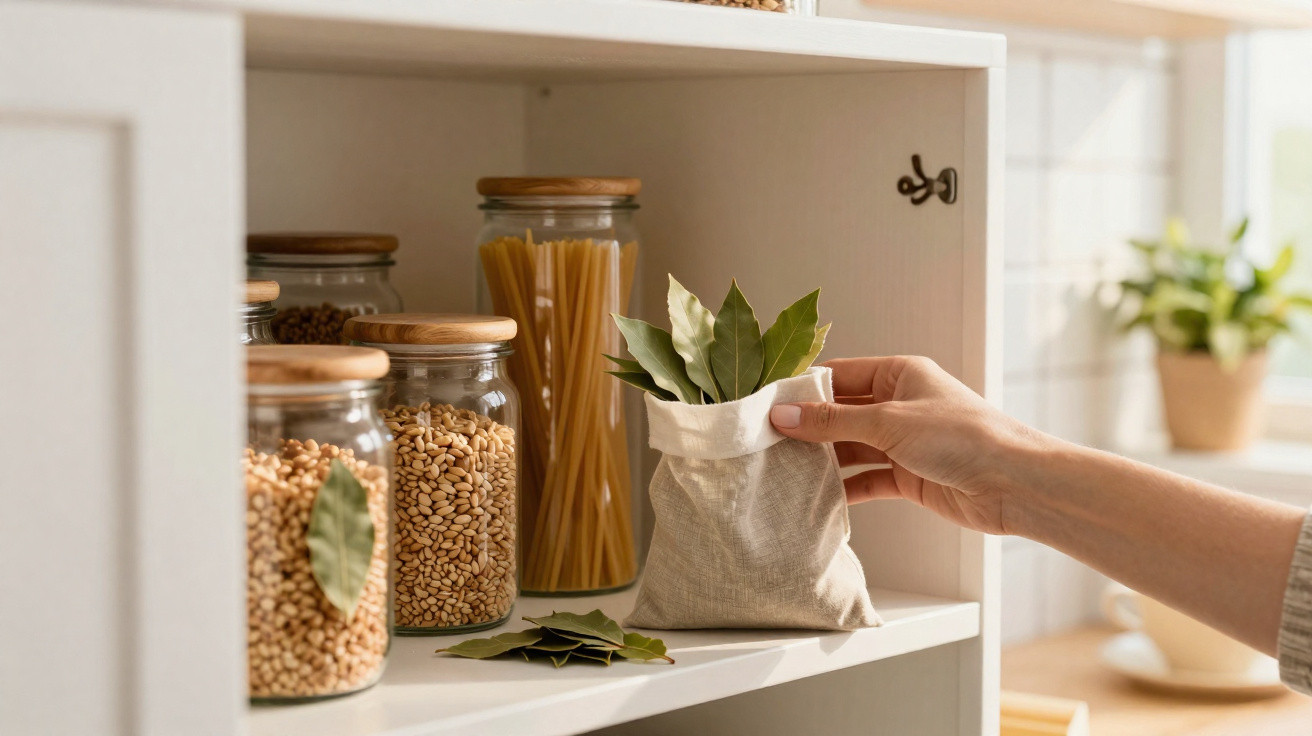 Hand placing bay leaves into a small cloth bag inside a kitchen cupboard with jars of pasta and grains.