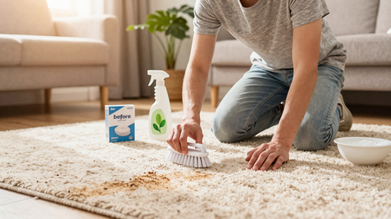 Person cleaning a stained cream carpet with a brush, spray bottle, and cleaning powder in a living room.