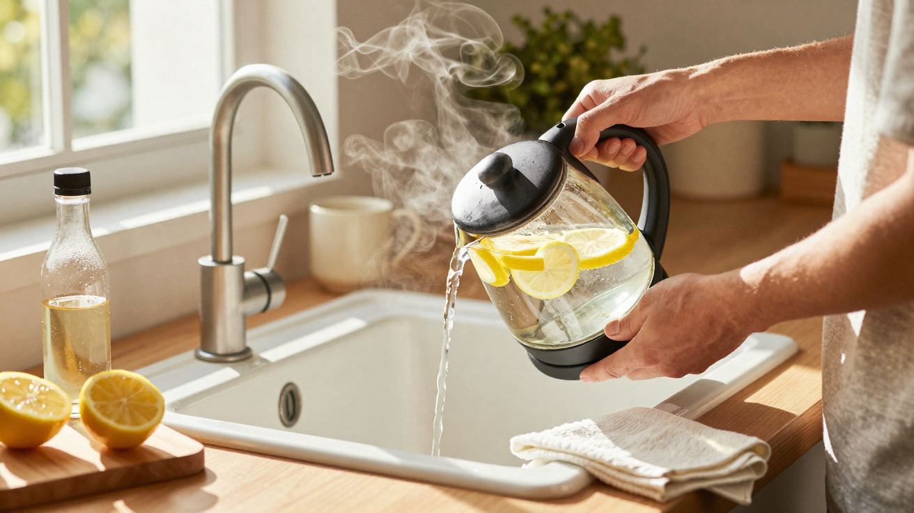 Hands pouring hot lemon water from an electric kettle into a kitchen sink with lemons and a bottle nearby.