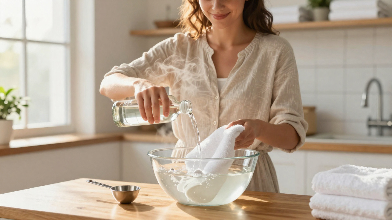 Woman pouring hot water from a glass bottle over a white cloth in a clear glass bowl on a wooden table.