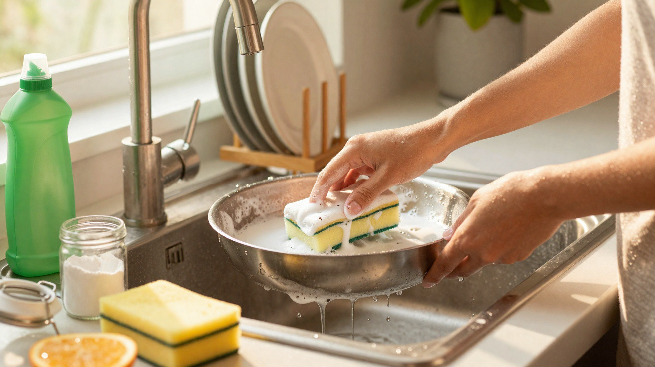 Person washing a metal bowl with a sponge over a kitchen sink filled with soap bubbles.