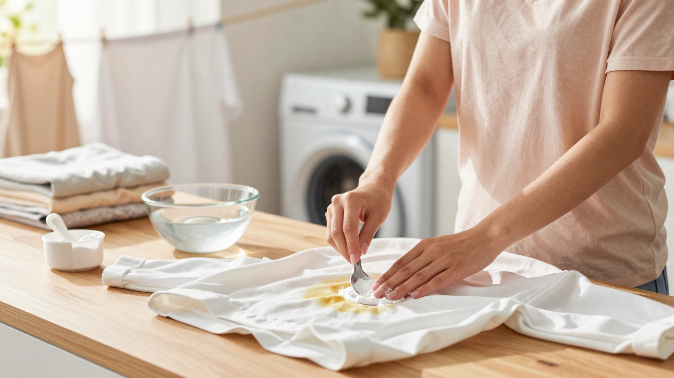 Person removing a stain from a white shirt using a spoon and cleaning powder on a wooden table.