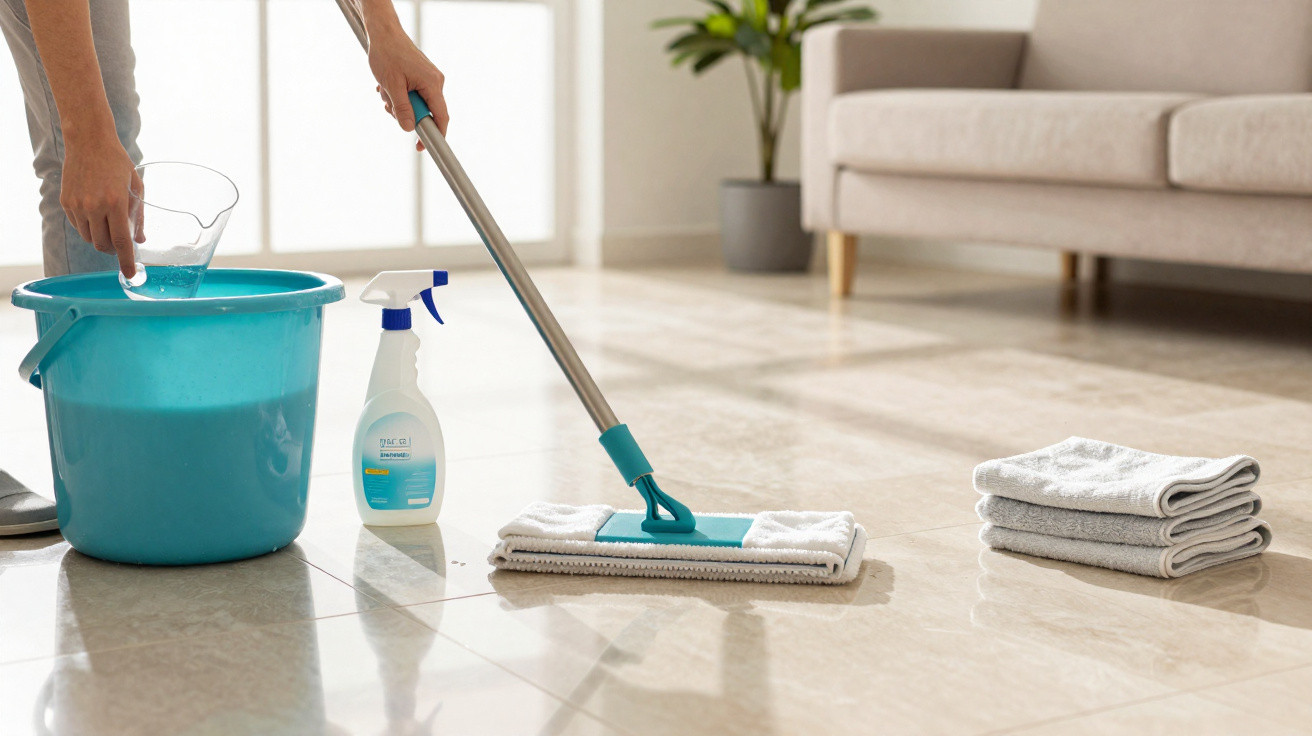 Person mopping a shiny tiled floor with a spray bottle, blue bucket, and folded towels nearby in a bright living room.