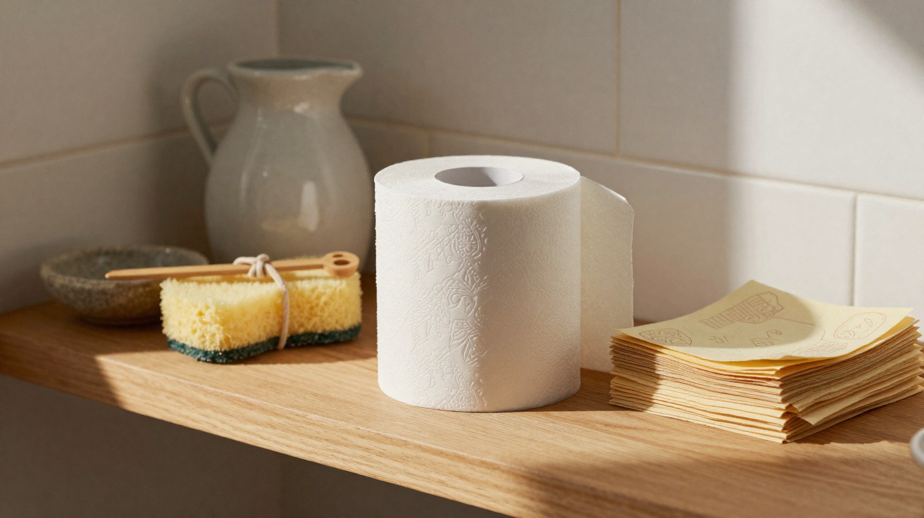 Toilet roll, yellow folded paper, and cleaning sponge on wooden bathroom shelf against tiled wall.