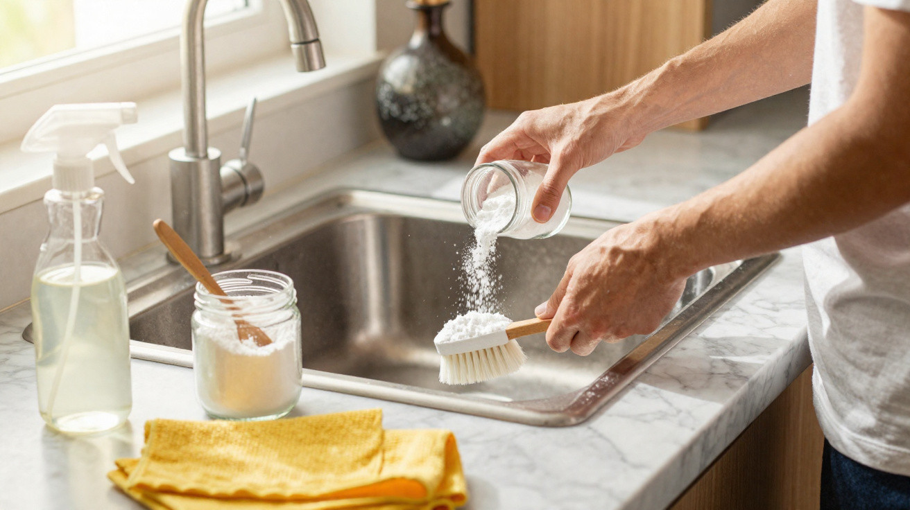 Person pouring baking soda onto a brush for cleaning a kitchen sink.