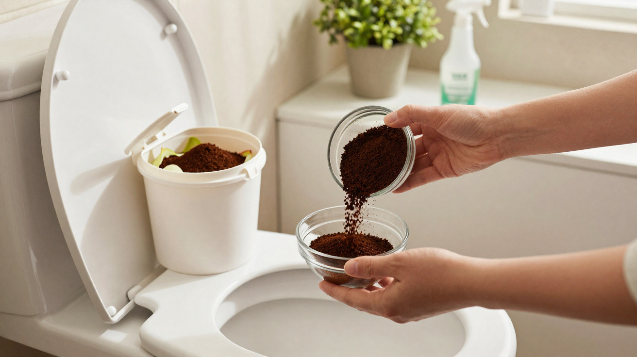 Hands pouring coffee grounds into a bowl above an open toilet with a white bucket inside it.