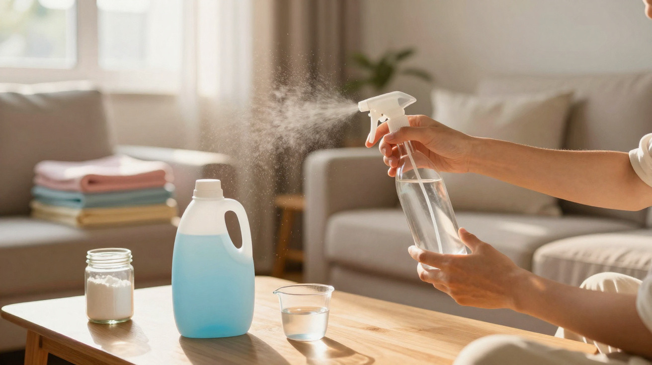 Person spraying a clear liquid from a spray bottle onto a wooden table with cleaning supplies nearby.
