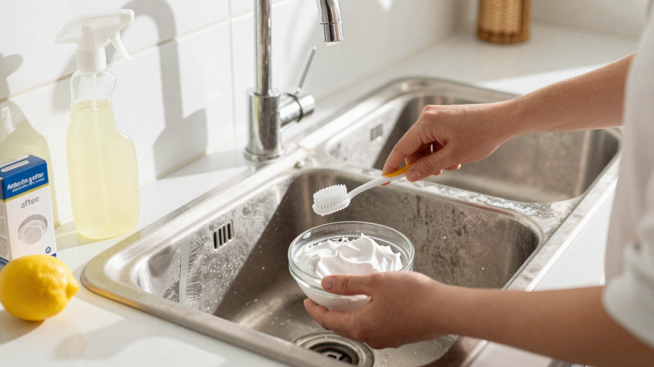 Person applying shaving cream with a toothbrush over a kitchen sink alongside cleaning supplies and a lemon.