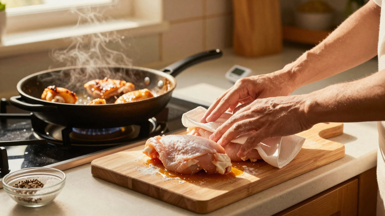 Person seasoning raw chicken on a cutting board next to frying chicken pieces in a pan on a stove.