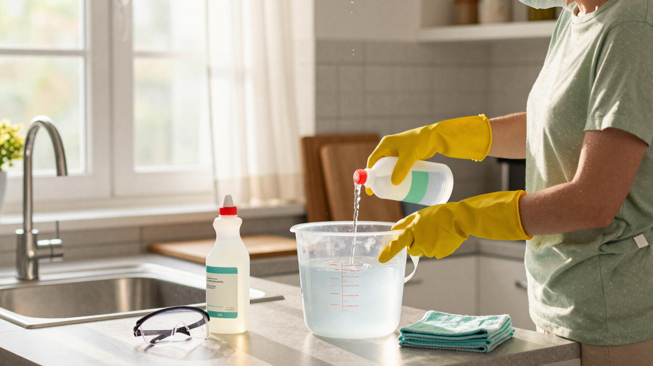 Person wearing yellow gloves pouring liquid from a bottle into a measuring jug in a kitchen.