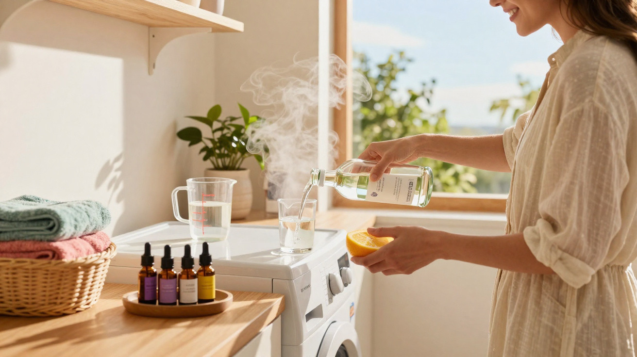 Woman pouring liquid from a bottle into a glass on a steaming washing machine in a sunlit room.