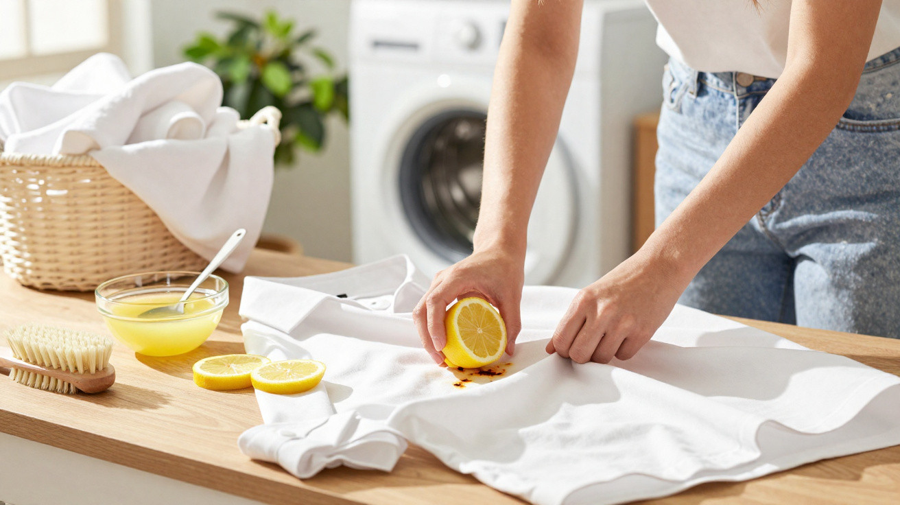 Person squeezing lemon on a stained white shirt to remove a mark using natural cleaning.
