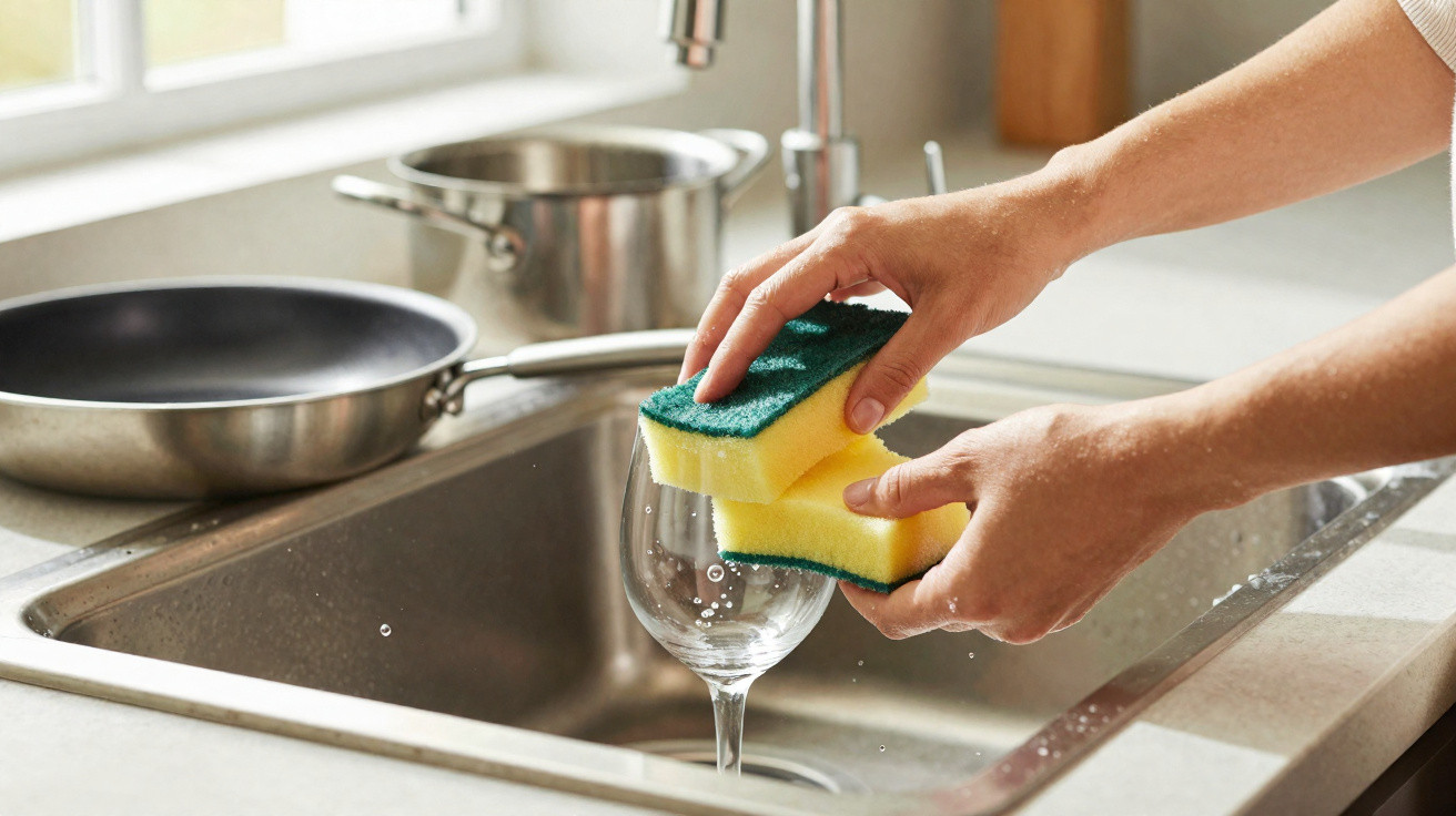 Hands washing a wine glass with a yellow and green sponge over a kitchen sink with pots nearby.