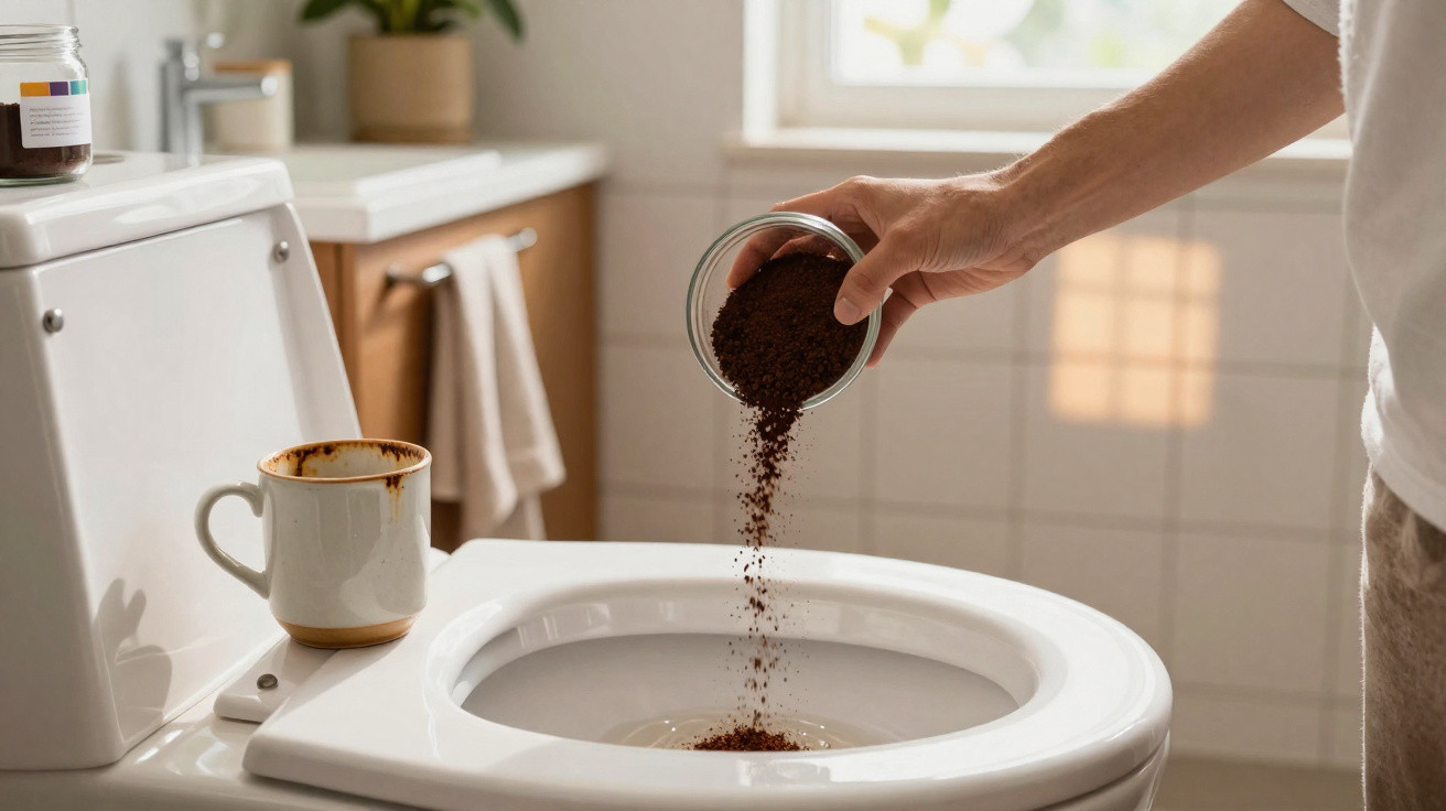 Hand pouring coffee grounds from a jar into a white toilet bowl in a bright bathroom.