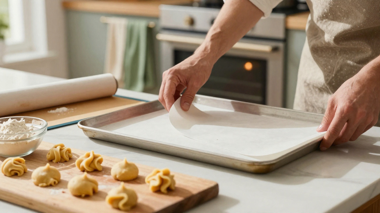 Person lining a baking tray with parchment paper next to dough portions on a kitchen countertop.