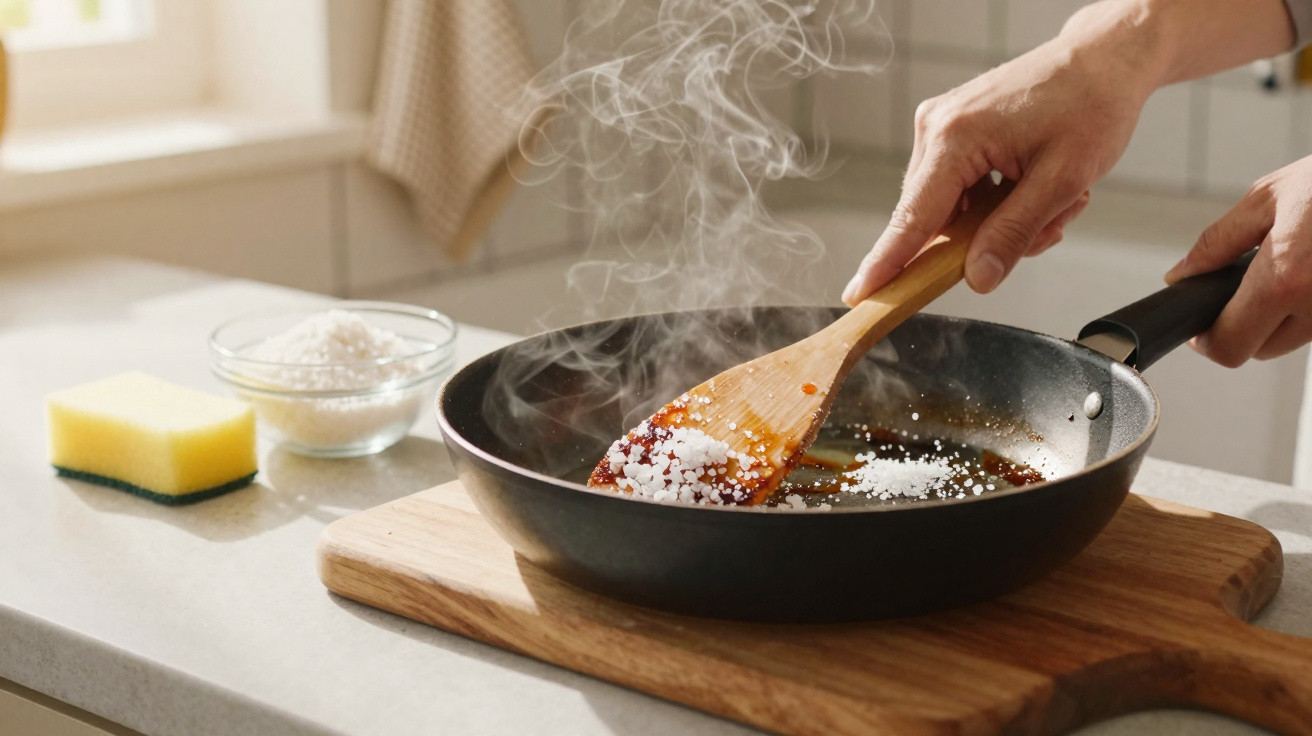 Hands stirring coarse salt into a steaming sauce in a frying pan on a wooden board in a kitchen.