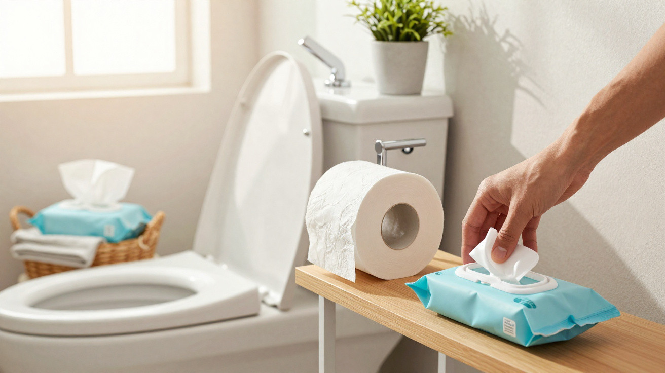 Hand pulling wet wipe from blue packet next to toilet roll on wooden bathroom shelf with toilet in background.