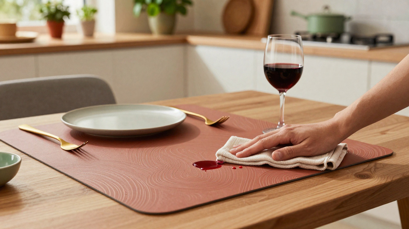 Hand wiping red wine spill on a wooden dining table with a beige cloth next to an empty plate and gold cutlery.