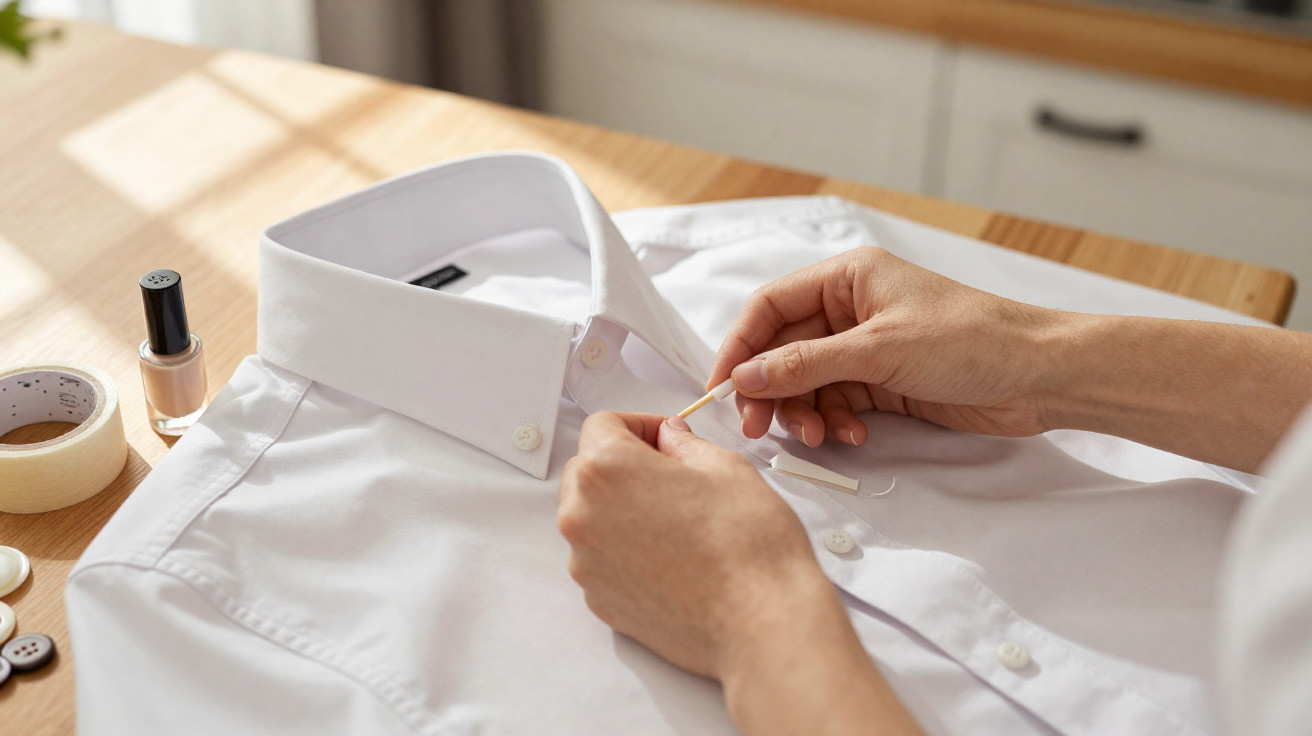 Hands removing loose thread from a white dress shirt on a wooden table with sewing supplies nearby.