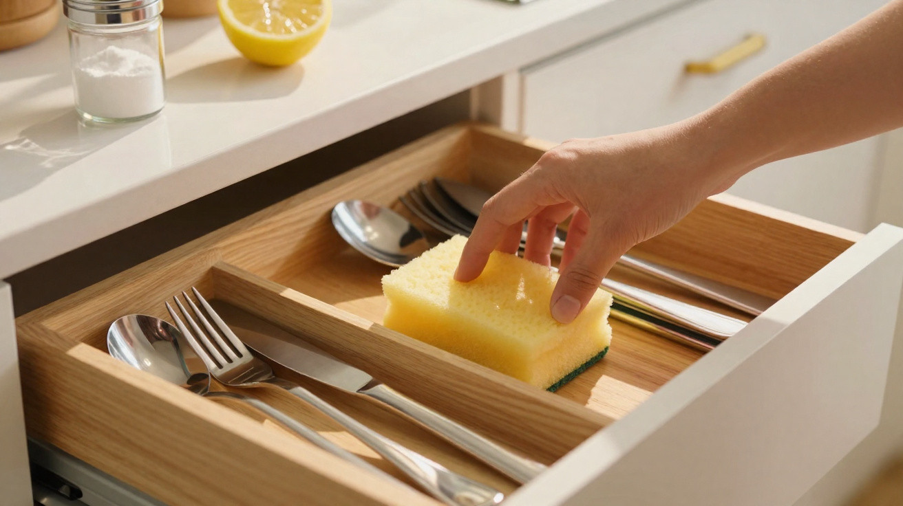 Hand placing a yellow sponge in a wooden cutlery drawer containing spoons, forks, and knives.