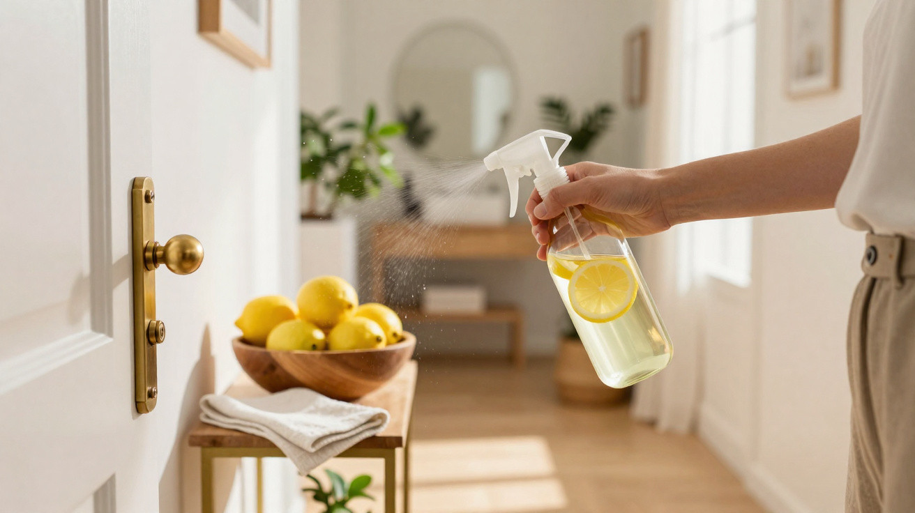 Hand spraying lemon-infused cleaner on door handle in a sunlit room with a bowl of lemons on a table.
