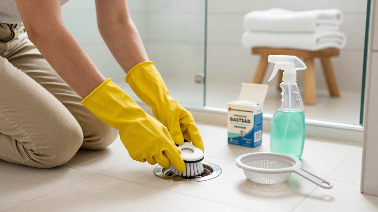 Person wearing yellow gloves cleaning a shower drain with a brush and cleaning supplies nearby