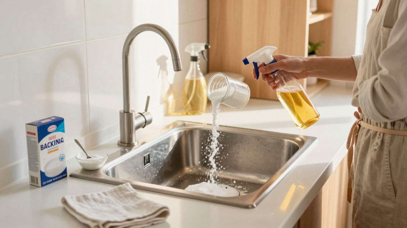 Person pouring baking soda into a kitchen sink while holding a spray bottle of cleaning liquid.