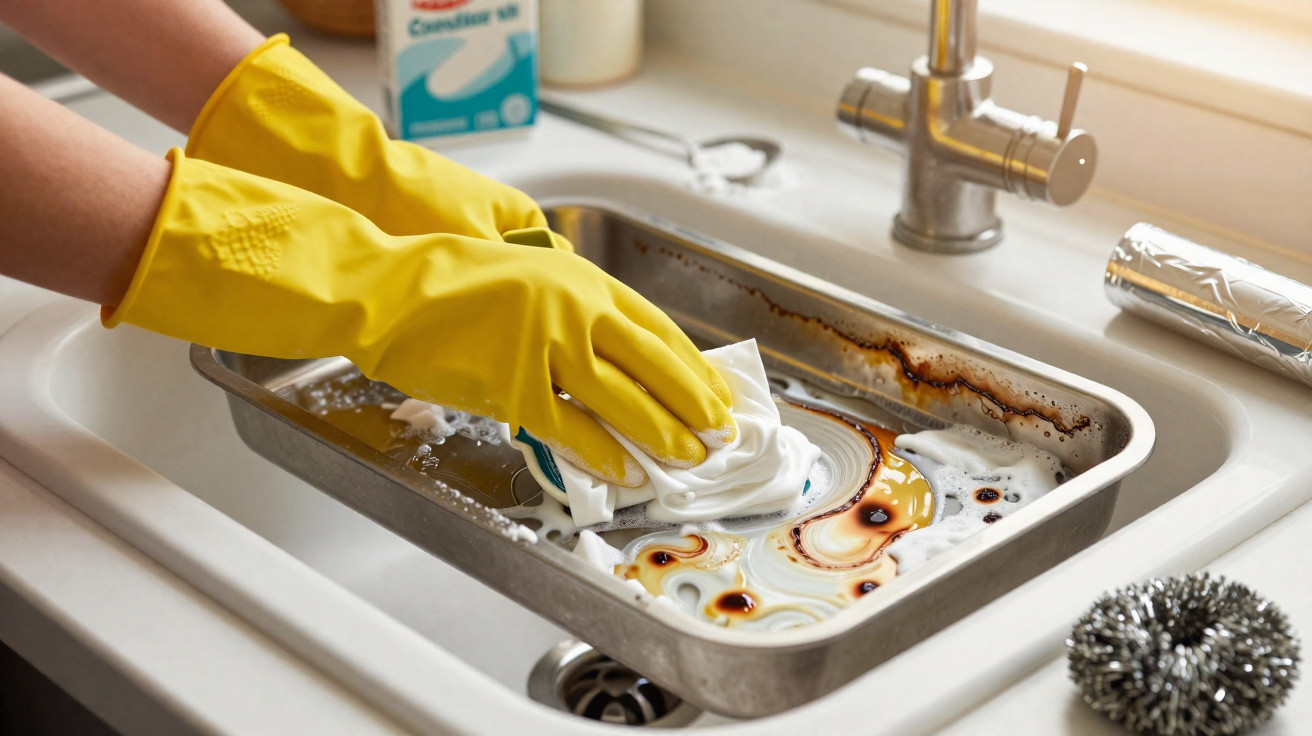 Hands in yellow gloves scrubbing a greasy roasting tray with soapy water in a kitchen sink.