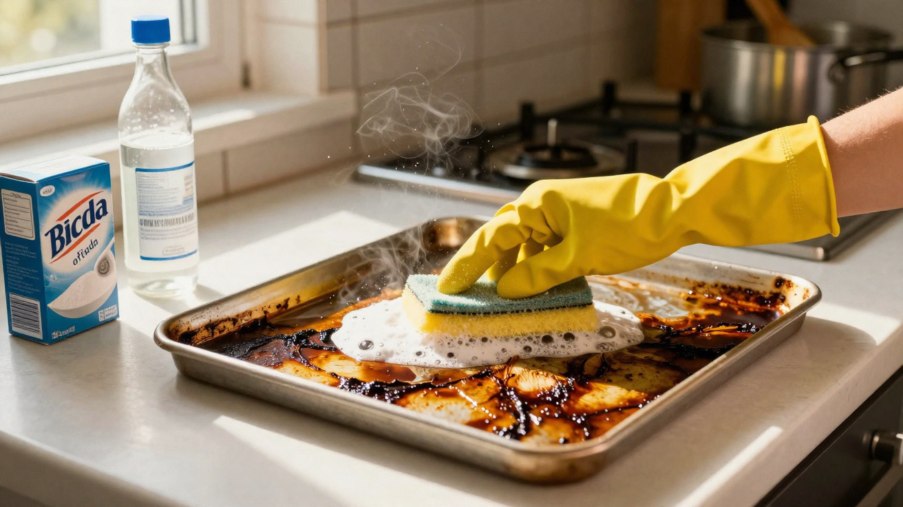 Hand in yellow glove scrubbing a burnt roasting tray with a soapy sponge in a bright kitchen.