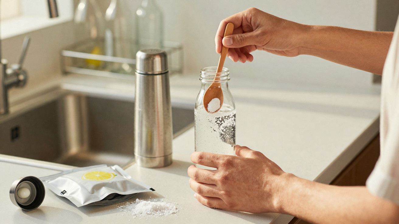 Person stirring powder into a glass bottle of water on a kitchen countertop with a metal flask nearby.