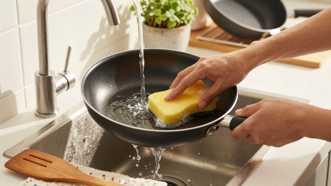 Person washing a black frying pan with a yellow sponge under running kitchen tap water.