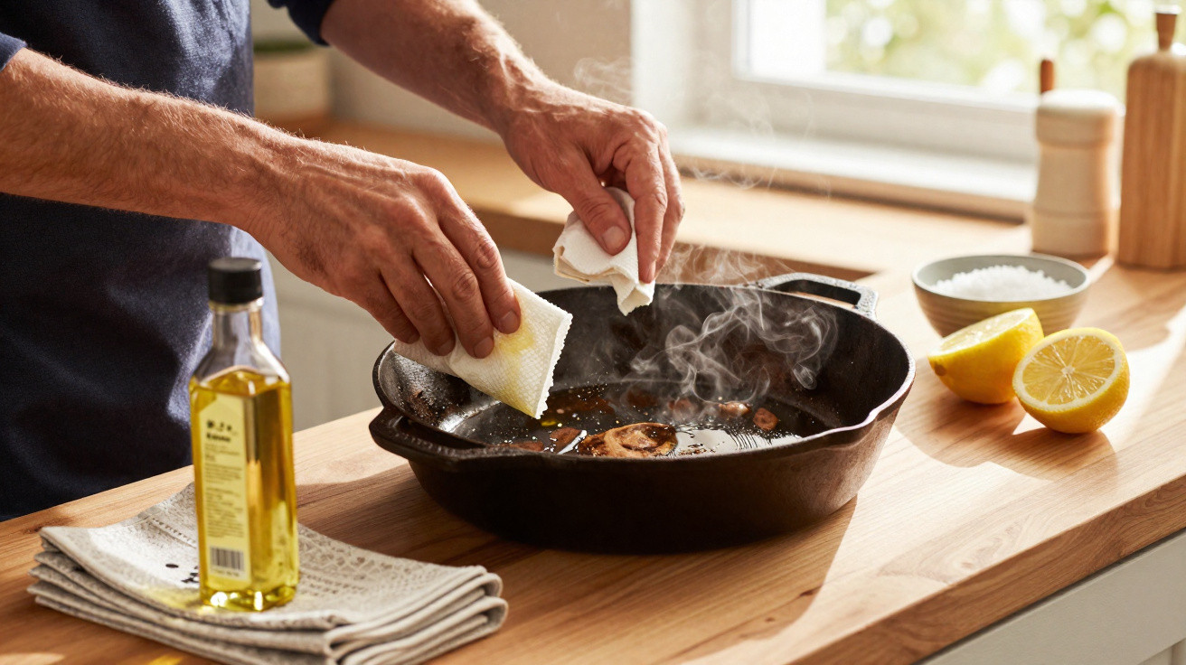 Person wiping a steaming cast iron skillet with paper towels on a wooden kitchen counter with lemon and olive oil nearby.