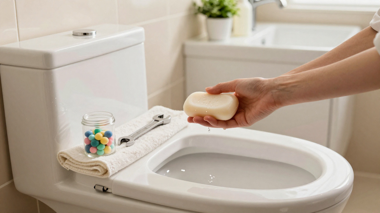 Hand holding a dripping bar of soap above a white toilet in a bright bathroom setting.