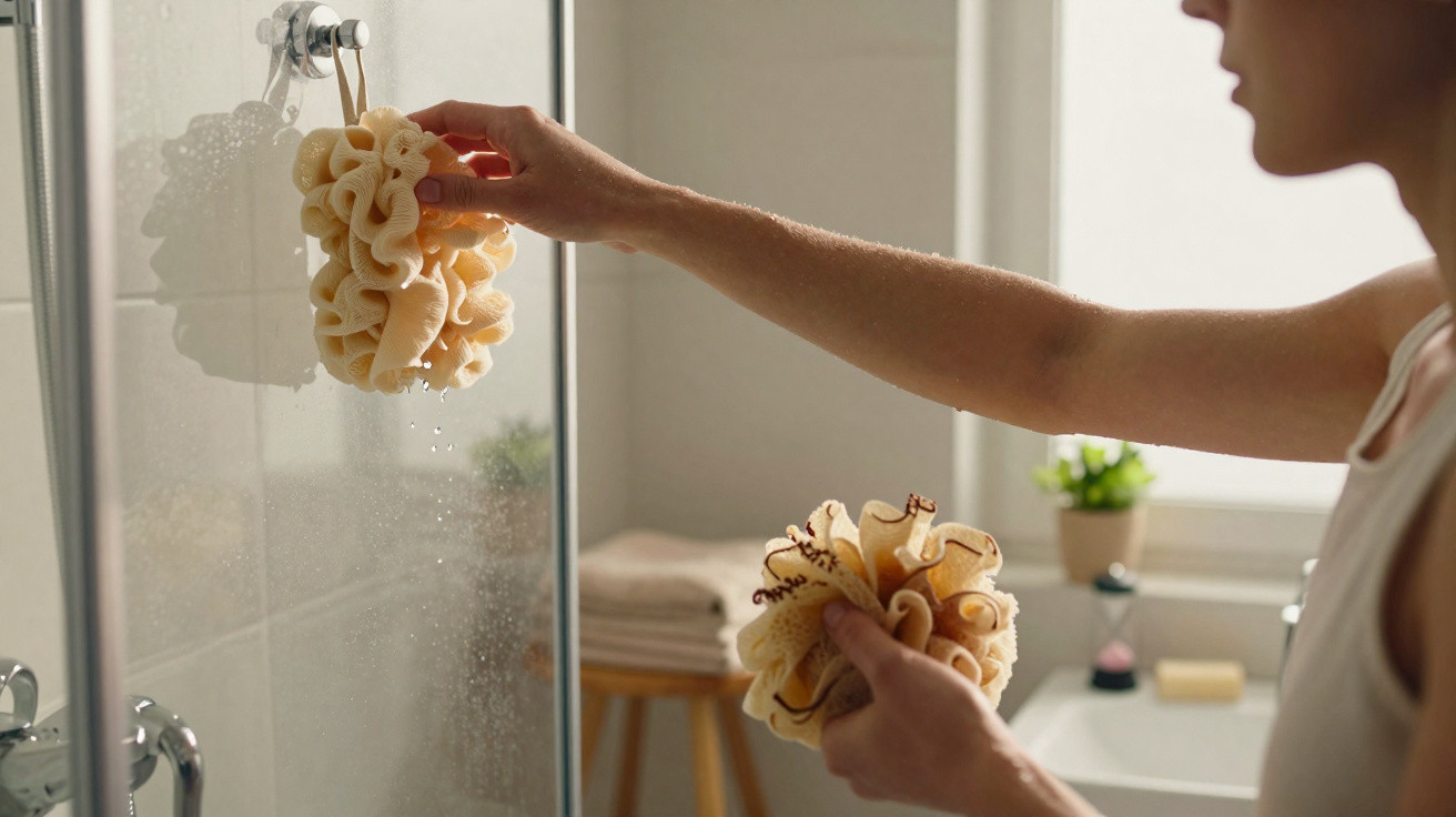 Person hanging a beige bath sponge on a silver shower hook inside a bathroom with folded towels and a plant in the background