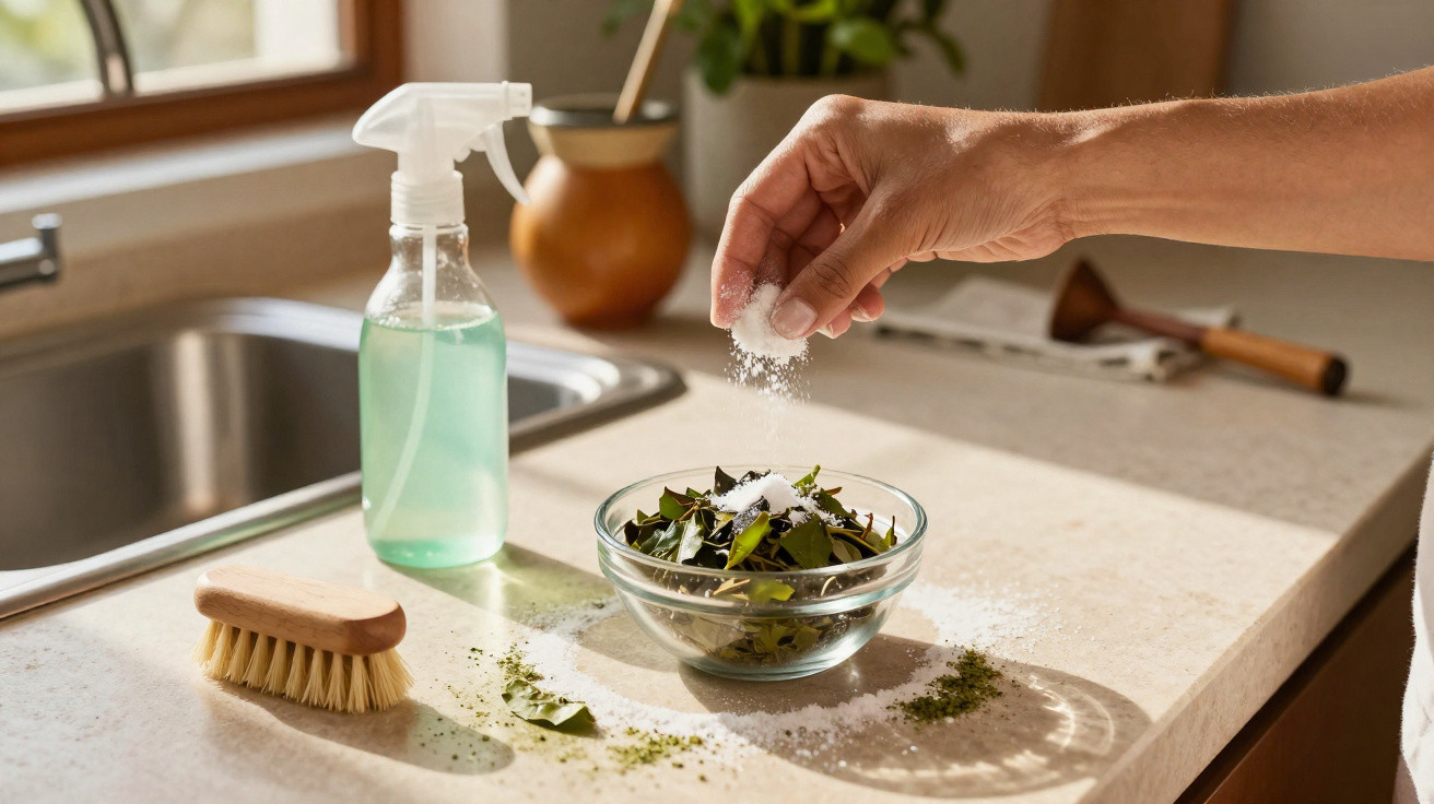 Hand sprinkling salt onto a glass bowl with leaves on a kitchen countertop near a scrub brush and spray bottle.