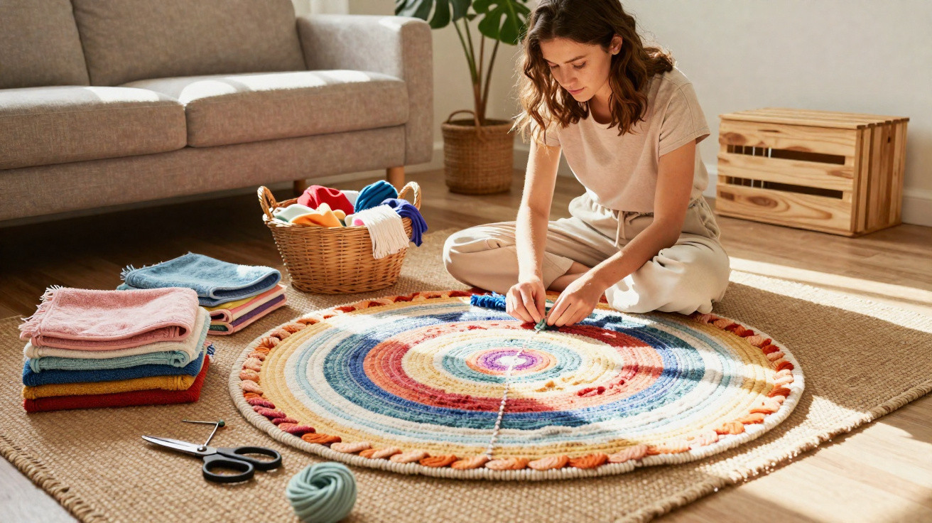 Woman knitting a colourful circular rug on the floor in a bright, cosy living room.