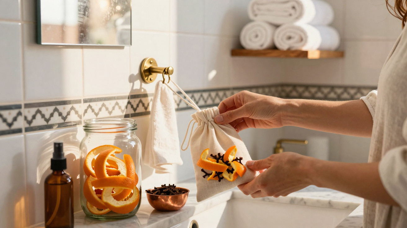 Person holding a drawstring sachet filled with dried orange peels and cloves over a bathroom sink.