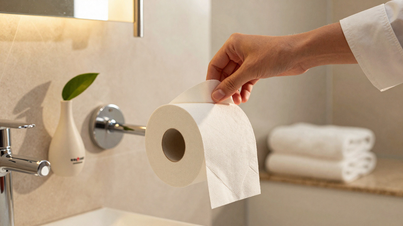 Hand holding a roll of toilet paper in a clean, modern bathroom with folded towels in the background.