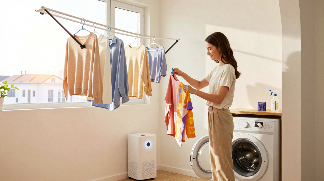 Woman hanging colourful clothes on an indoor drying rack beside a washing machine in a bright room.