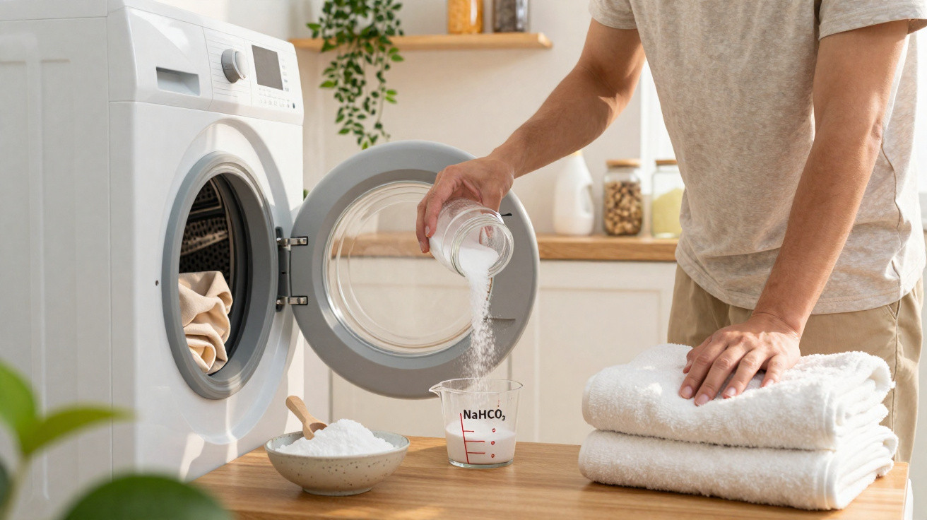 Person adding washing soda to a measuring cup next to a washing machine and folded towels on wood surface.
