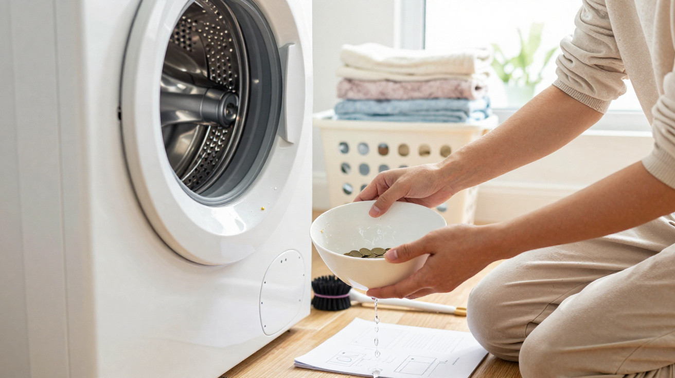 Person pouring liquid from a bowl into a washing machine with folded laundry and basket in background.