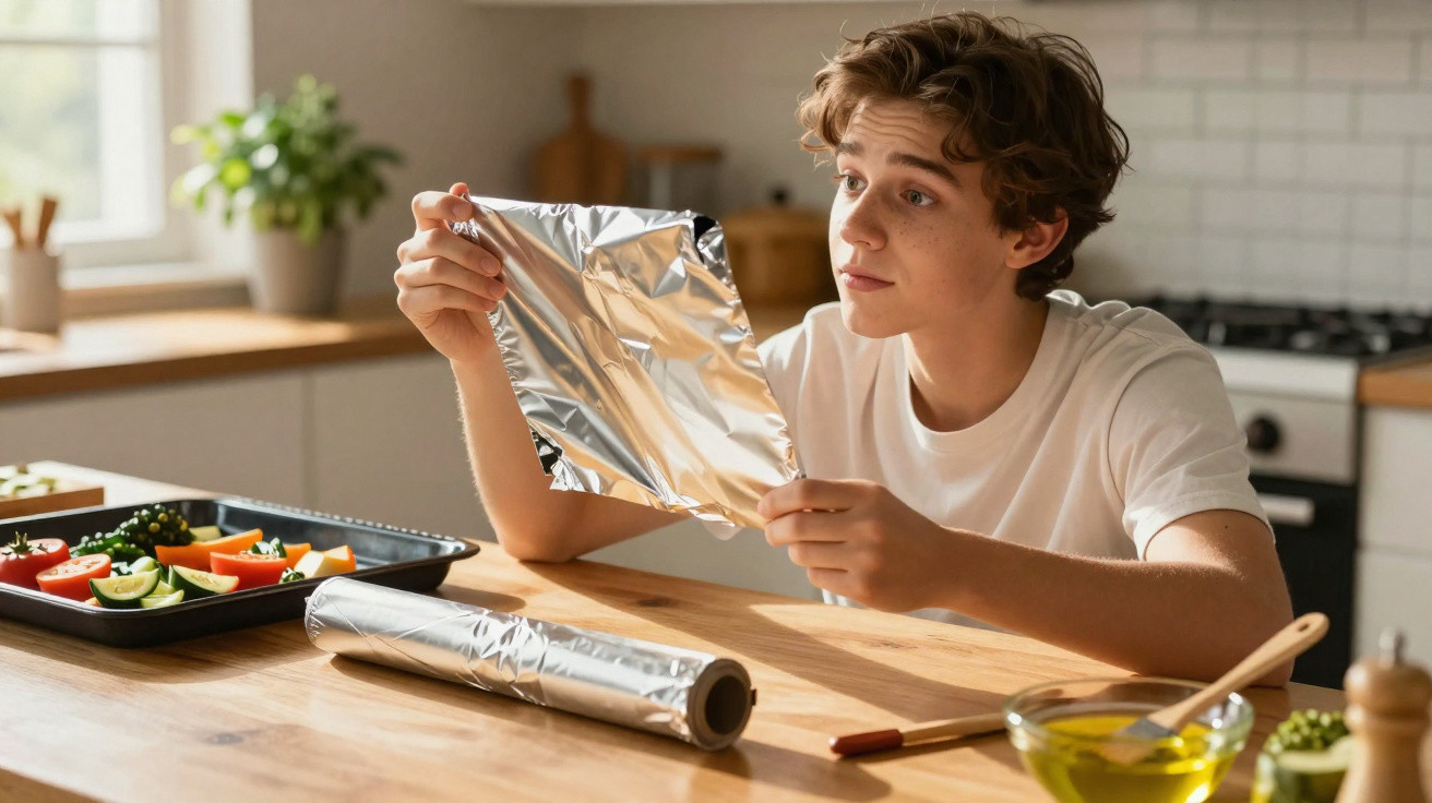 Teenager in kitchen holding aluminium foil sheet, with tray of sliced vegetables and olive oil on wooden counter.