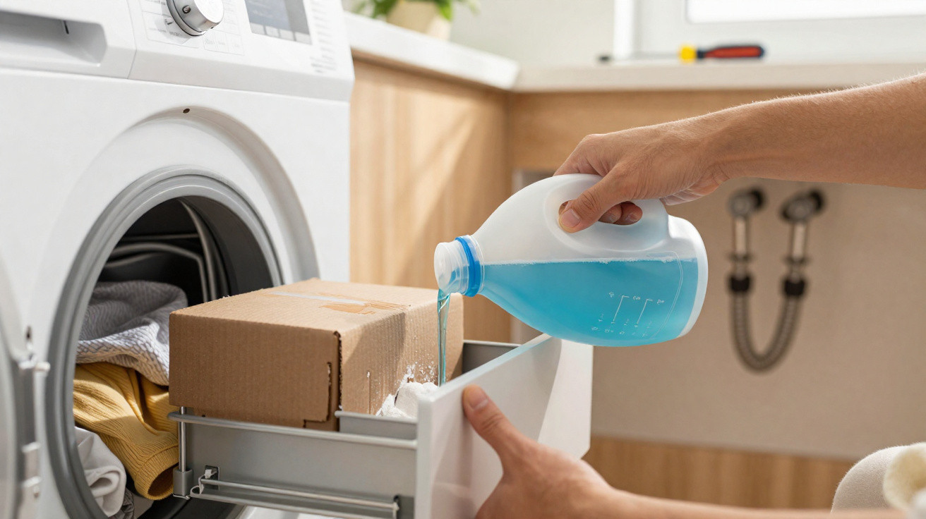 Hand pouring blue liquid detergent into a washing machine drawer in a bright laundry room.