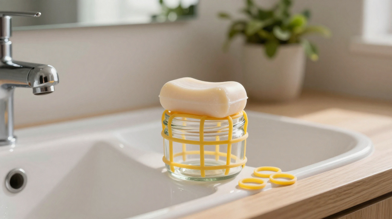 Bar of soap resting on a glass jar with a yellow silicone holder on a white bathroom sink.