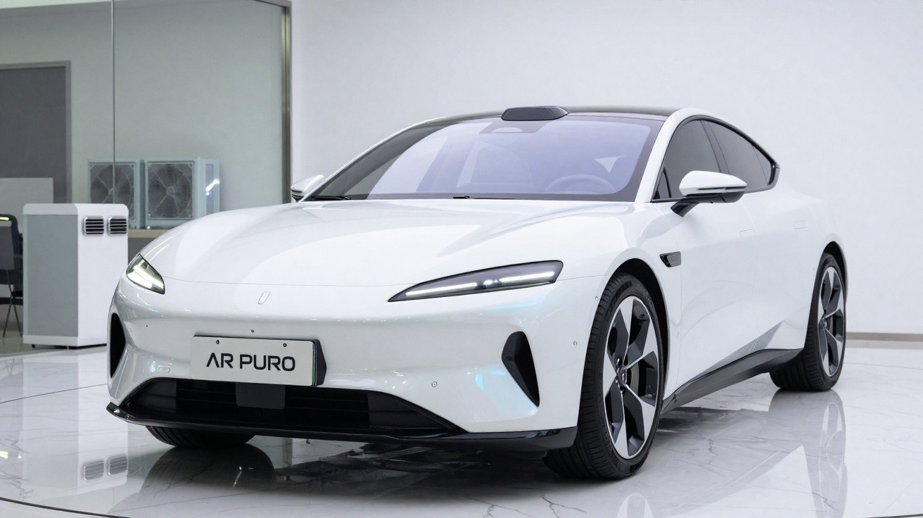 White AR Puro electric sports car parked indoors on a shiny marble floor, viewed from the front side.
