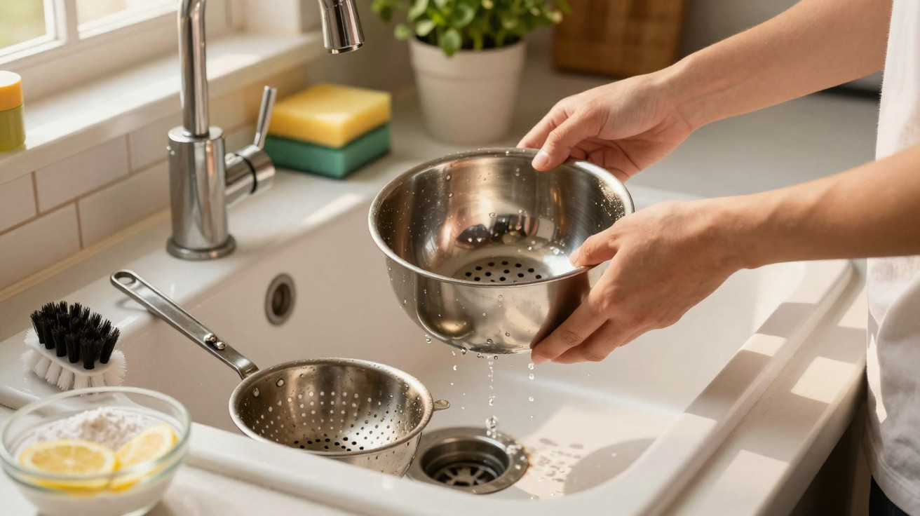 Person rinsing a metal colander over a kitchen sink with water dripping from it.