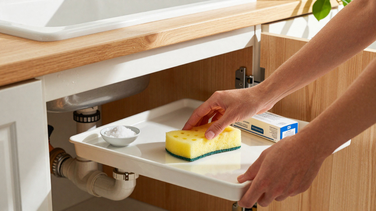 Hands pulling out a cleaning caddy from under a kitchen sink with a sponge and cleaning supplies.