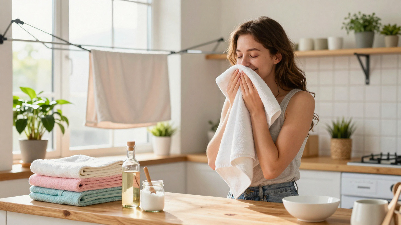 Young woman smelling a fresh white towel in a bright kitchen with folded towels on the counter.
