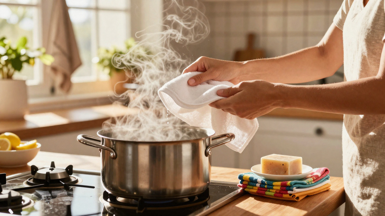Hands holding a cloth lifting a lid off a steaming pot on a kitchen stove with sunlight coming through a window.